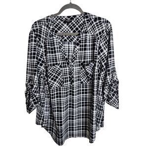Torrid Top Plaid Blouse Womens 2X Black White Roll Tab Sleeve Top Harper